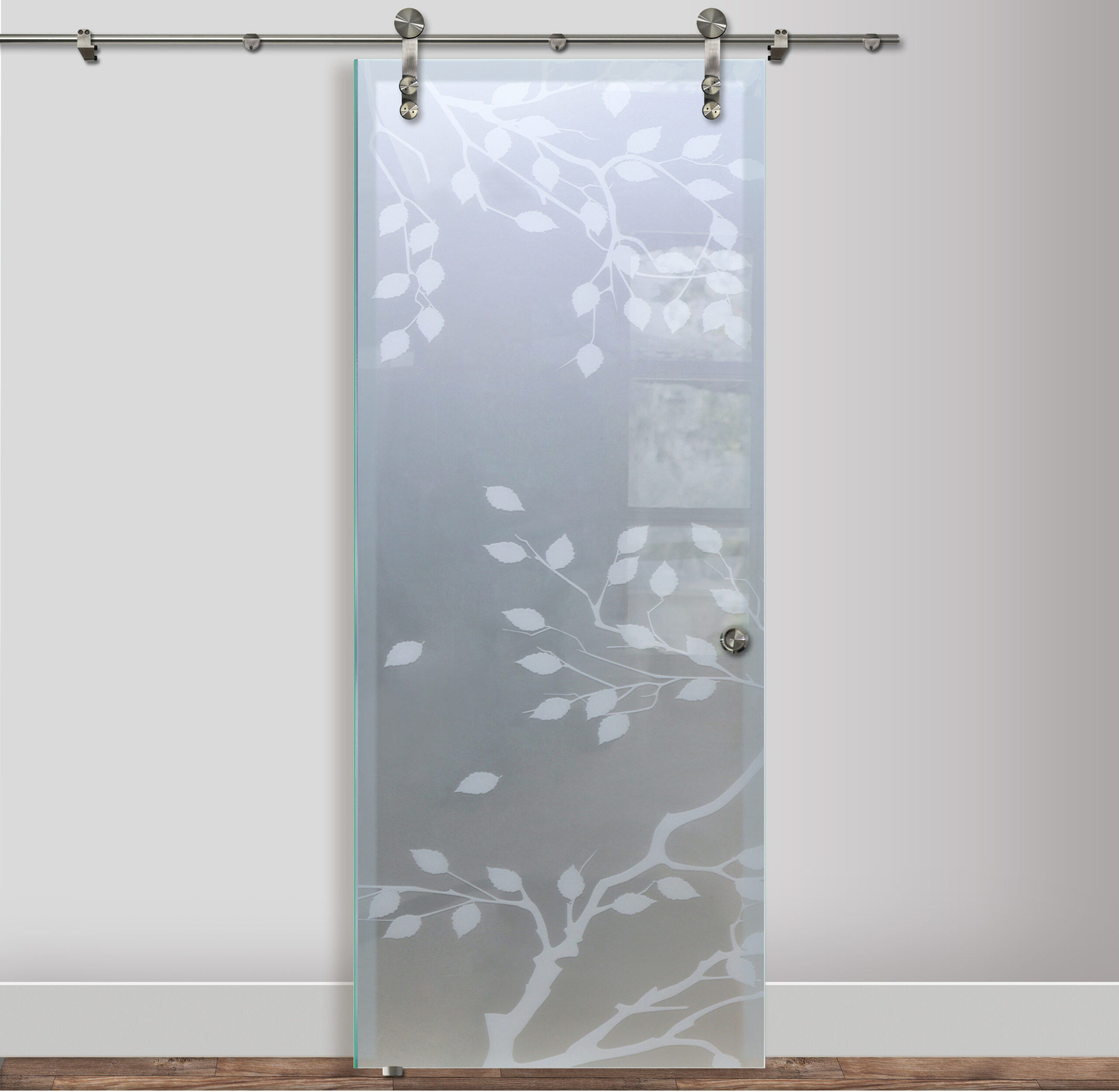 Frosted Glass Barn Door with etched cherry tree branches in a soft, minimalist style.