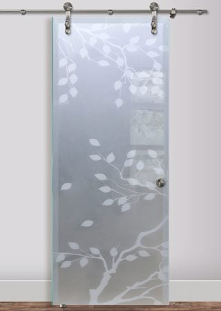 Glass Barn Door showcasing a Frosted Glass Asian Design with Sandblast Etched Glass Art by Sans Soucie Cherry Tree Design