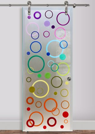 Glass Barn Door showcasing a Frosted Glass Geometric Design with Sandblast Etched Glass Art by Sans Soucie Circularity Design