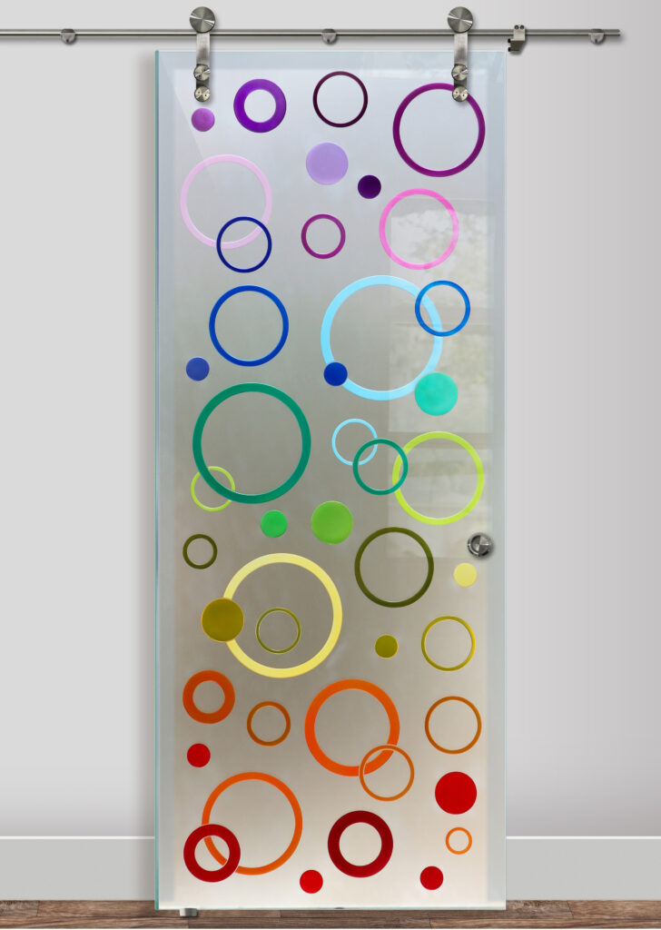 Interior sliding glass door beautiful design idea Circularity 3D carved, shaded and painted private design barn door with glass - Sans Soucie Art Glass