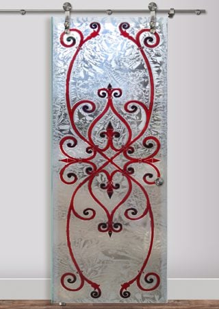 Glass Barn Door showcasing a Frosted Glass Wrought Iron Design with Sandblast Etched Glass Art by Sans Soucie Corazones Burgundy Design