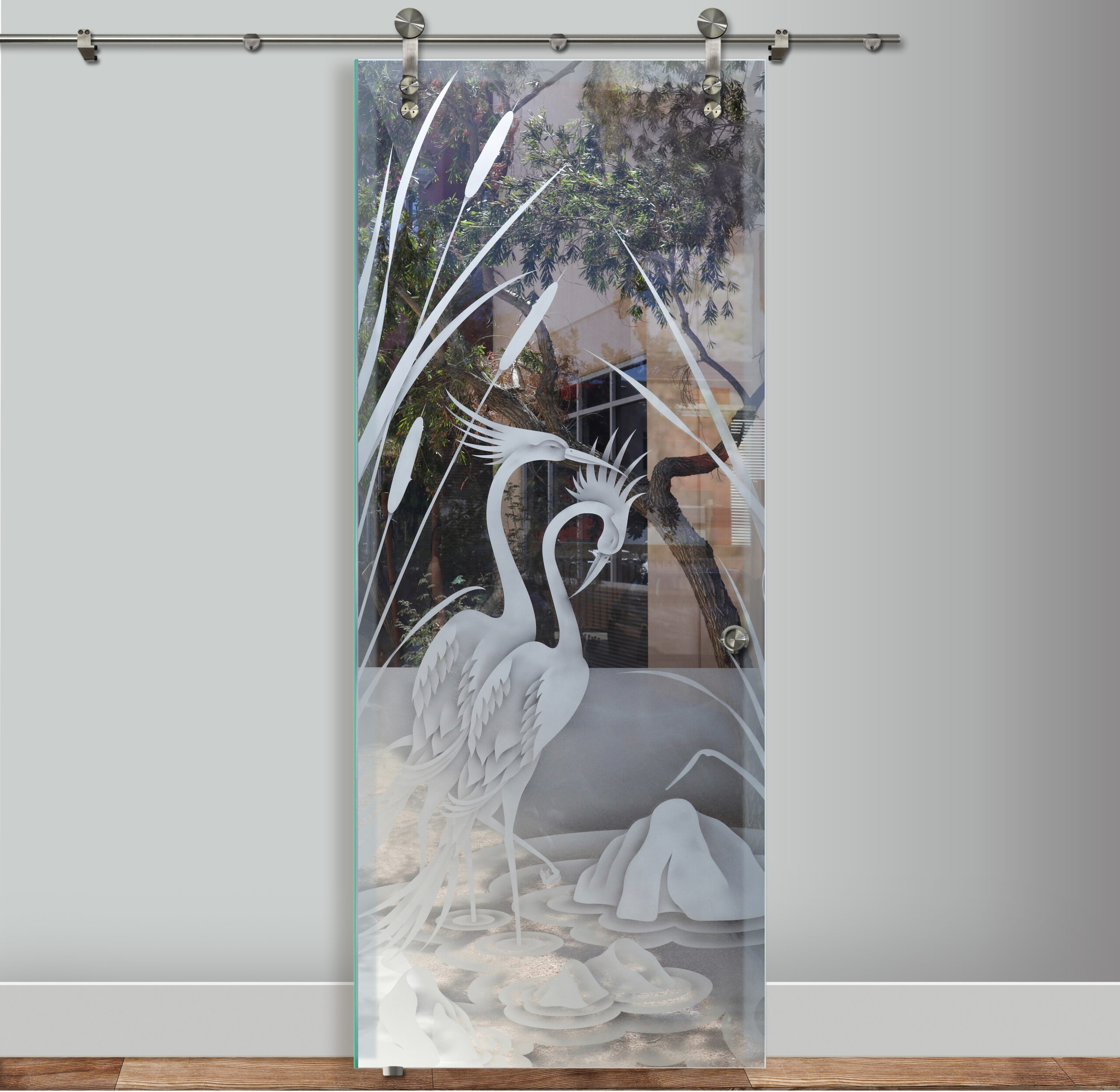Etched glass barn door with nature-inspired design