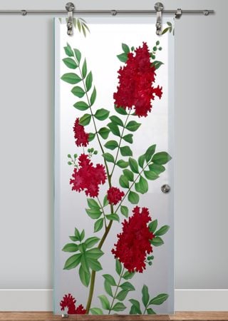 Glass Barn Door featuring a Frosted Glass Floral Design Sandblast Etched Glass Crepe Mertyl Design by Sans Soucie