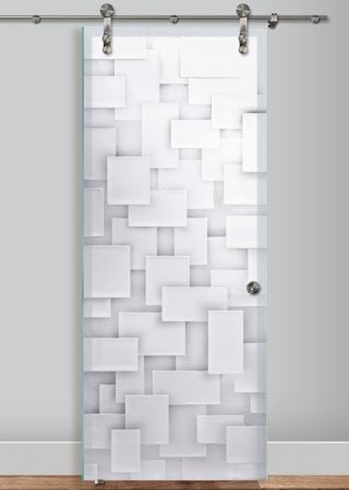 Glass Barn Door showcasing a Frosted Glass Geometric Design with Sandblast Etched Glass Art by Sans Soucie Cubes Design