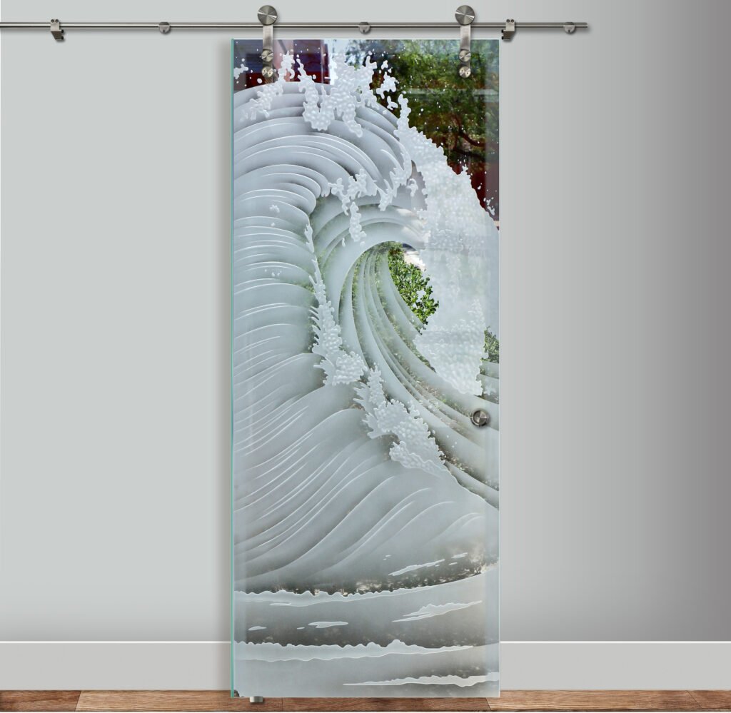 Curl Semi-Private 3D Enhanced Clear Glass Finish Oceanic Decor Glass barn Door Sans Soucie