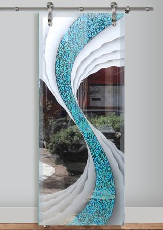 Glass Barn Door with Frosted Glass Abstract Cyclone Blue Design by Sans Soucie