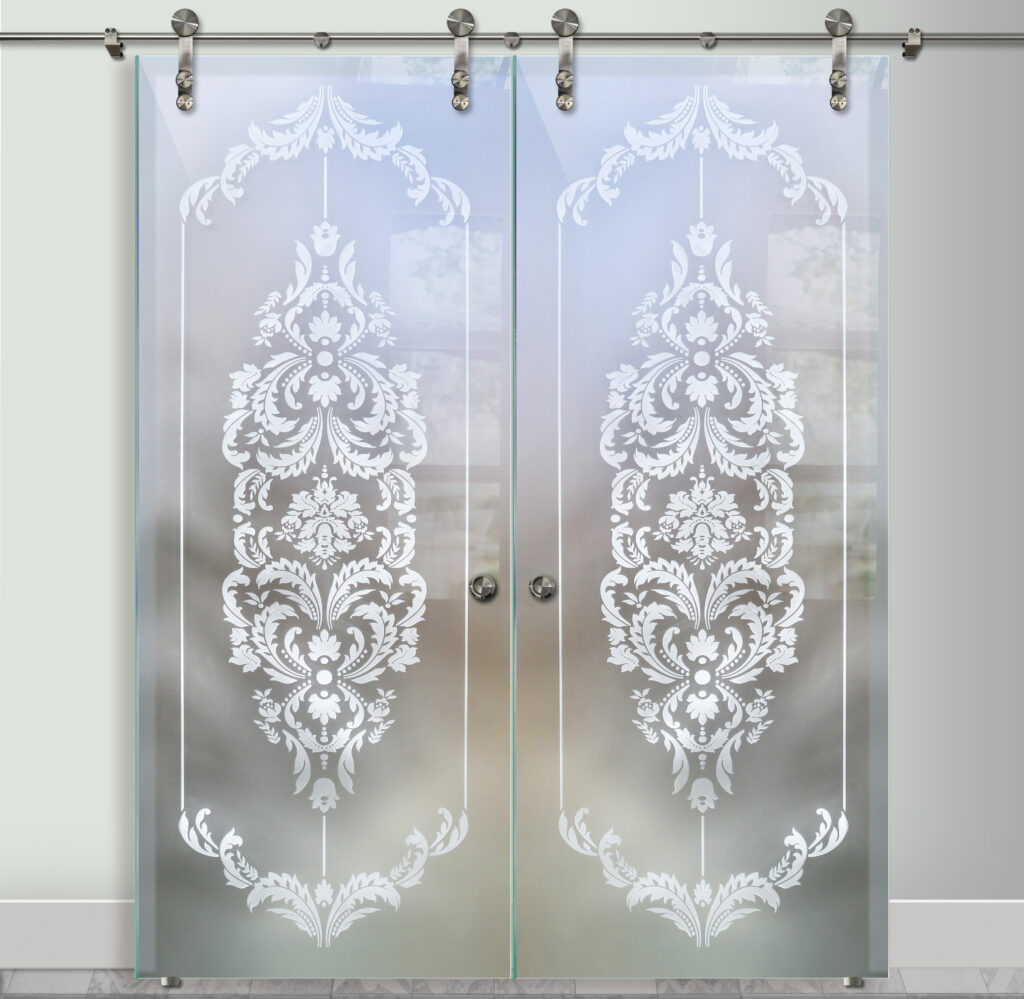 Damask Glass Barn Door 
Glass Effect Private 1D Private Frosted Glass Finish Farmhouse Decor Lace Style Sans Soucie 