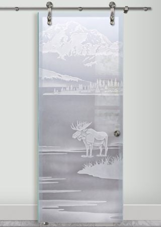 Glass Barn Door featuring a Frosted Glass Wildlife Design Sandblast Etched Glass Denali Moose Design by Sans Soucie