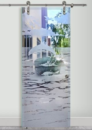 Glass Barn Door featuring Frosted Glass Design Etched Glass by Sans Soucie Art Glass with Custom Oceanic Design Dolphins in the Shimmer