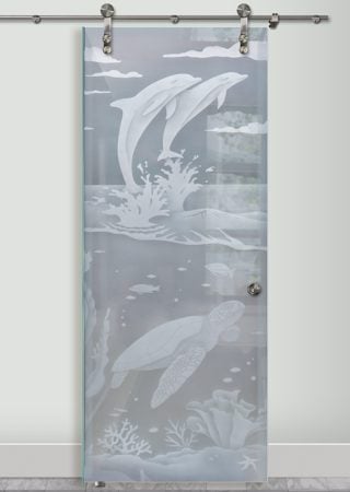Glass Barn Door with a Frosted Glass Dolphins Leaping & Sea Turtle Oceanic Design for Private by Sans Soucie Art Glass