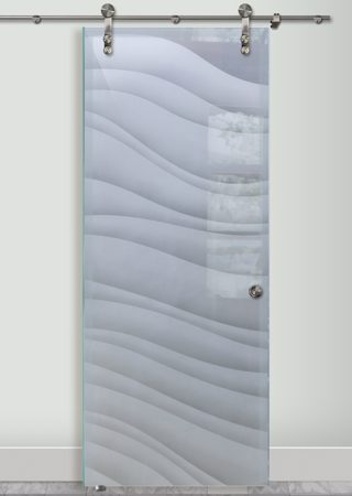 Glass Barn Door showcasing a Frosted Glass Abstract Design with Sandblast Etched Glass Art by Sans Soucie Dreamy Waves Design