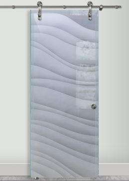 Semi-Private Glass Barn Door with Sandblast Etched Glass Art by Sans Soucie Featuring Dreamy Waves Abstract Design