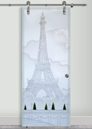 Glass Barn Door with a sandblast Frosted Glass Landscapes Design Custom-Designed Decorative Etched Glass