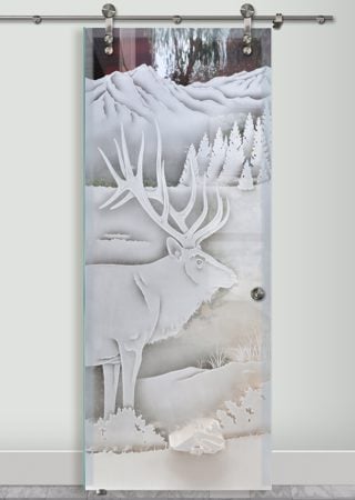 Glass Barn Door featuring Frosted Glass Design Etched Glass by Sans Soucie Art Glass with Custom Wildlife Design Elk