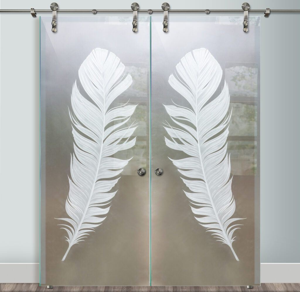 Feather Glass Barn Door 
Glass Effect  Private 3D Enhanced Frosted Glass Finish Farmhouse Decor Sans Soucie