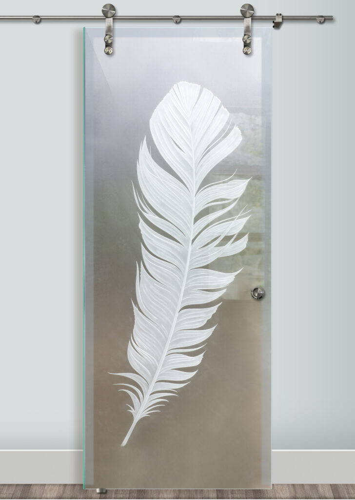 Feather 3D carved, shaded private design custom barn door with glass - Sans Soucie Art Glass