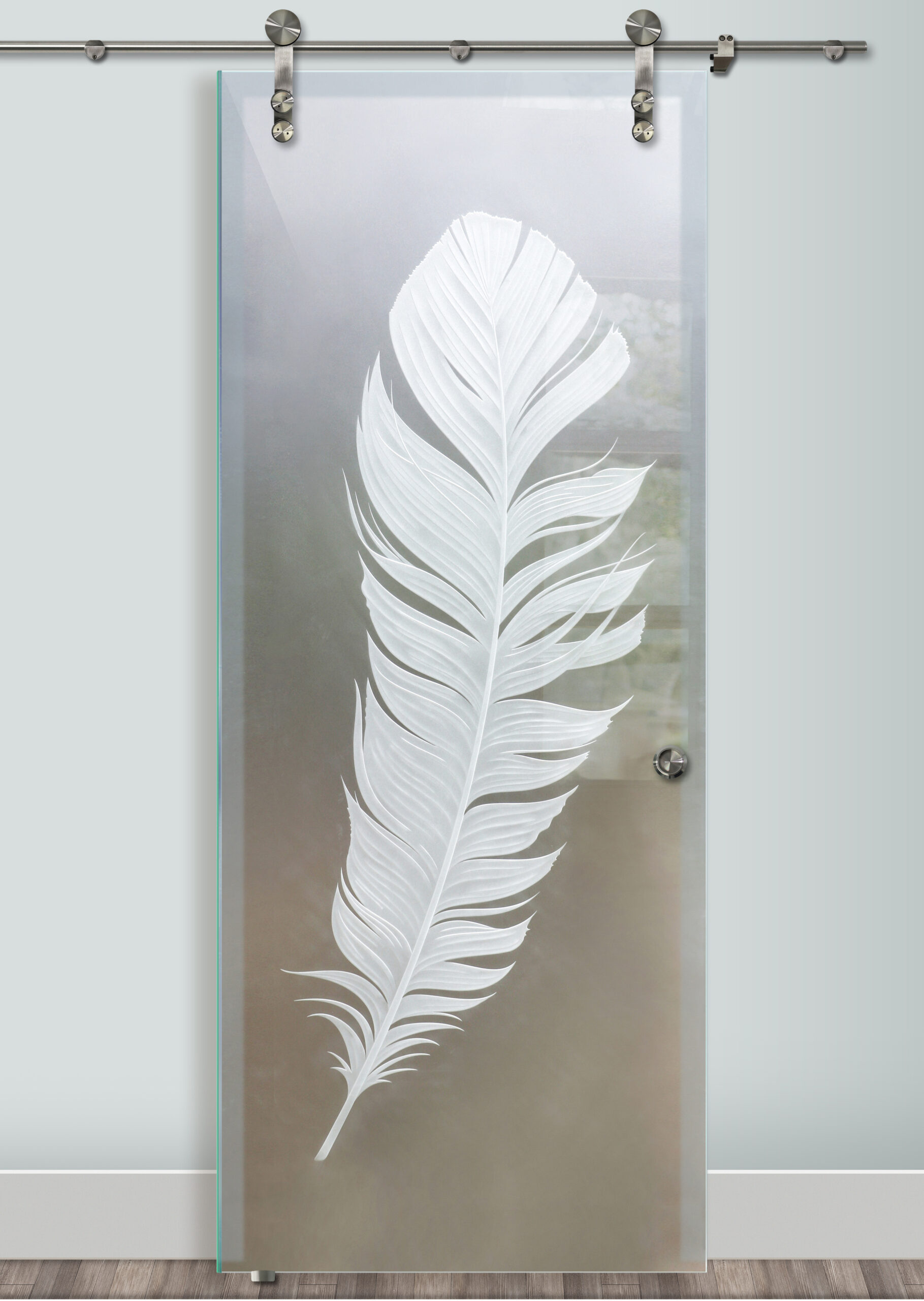 Frosted Glass Barn Door etched with a feather design for symbolic simplicity and warmth.