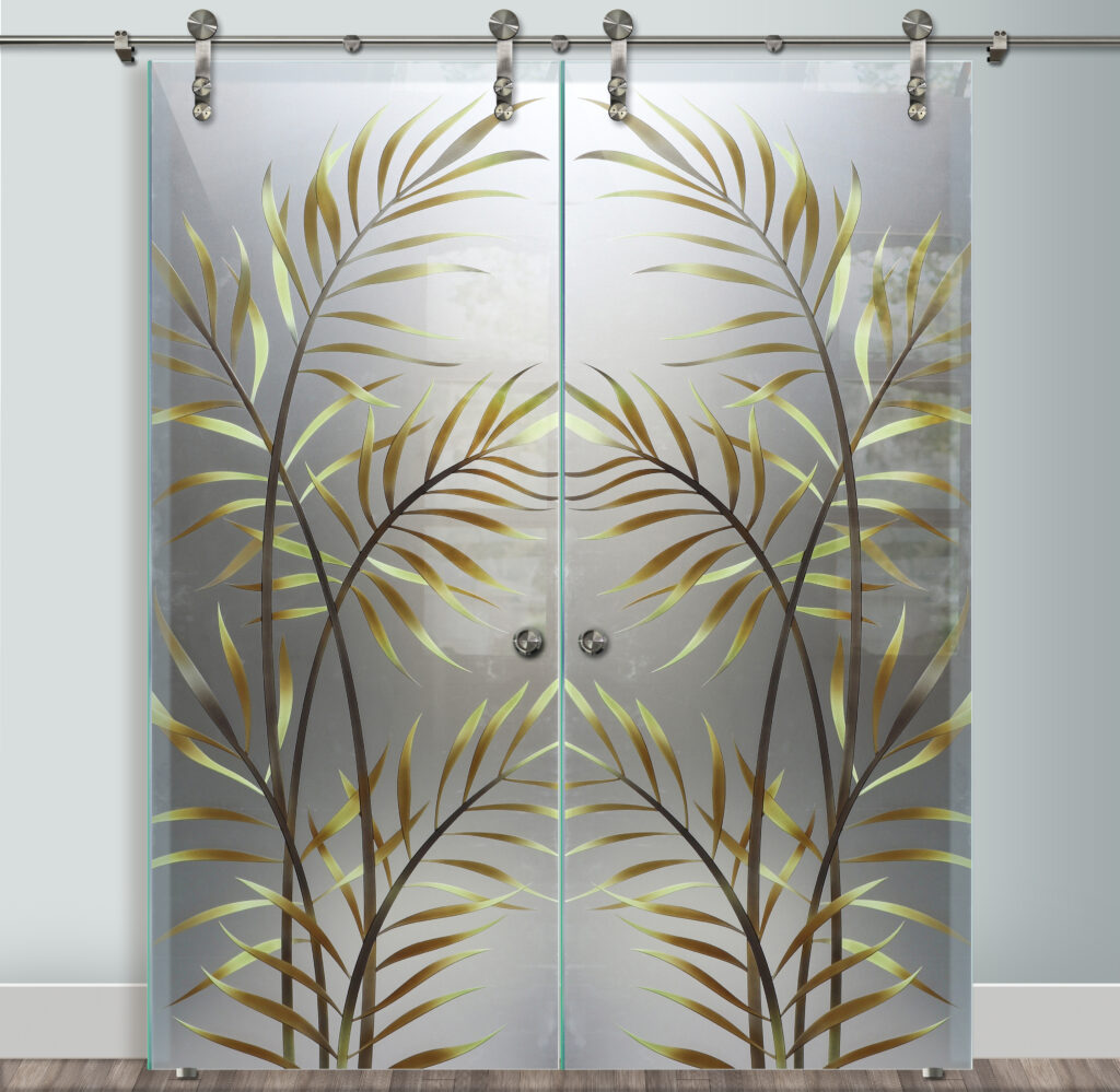 Double Barn Doors with Glass Ferns 3DE Painted Private Sans Soucie Art Glass