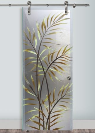 Glass Barn Door with a sandblast Frosted Glass Tropical Design Custom-Designed Decorative Etched Glass