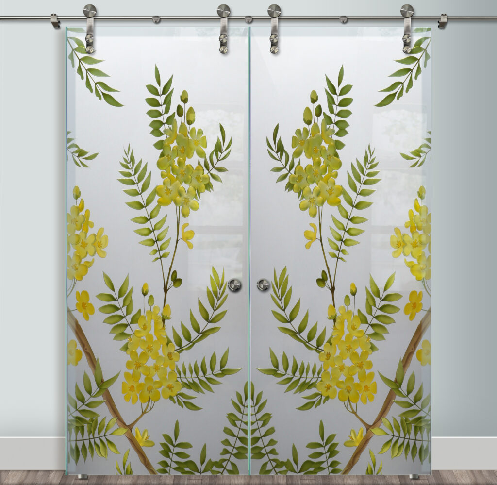 Gold Medallion Glass Barn Door Glass Effect  Private 3D Enhanced Painted Frosted Glass Finish Farmhouse Decor San Soucie