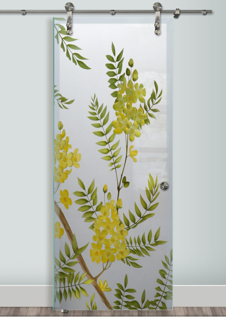 Gold Medallion design glass barn door with private frosted 3D enhanced artistry. Premium glass barn door crafted by skilled artisans.