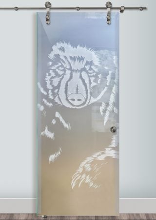 Glass Barn Door showcasing a Frosted Glass Wildlife Design with Sandblast Etched Glass Art by Sans Soucie Grizzly Design
