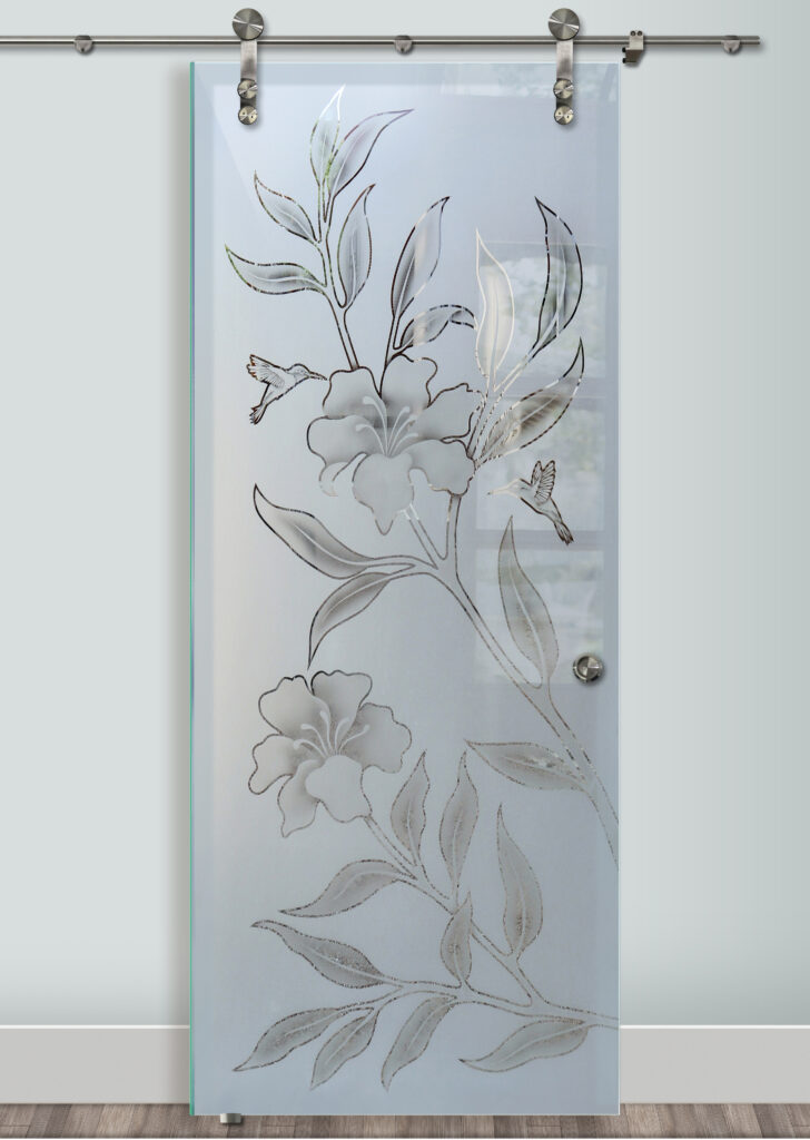 Tempered glass barn door design Hibiscus Hummingbirds Semi-Private Sans Soucie Art Glass
