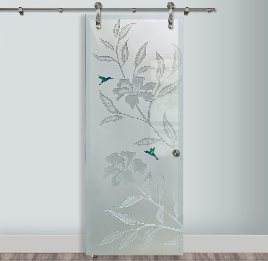 Etched glass barn door with Hibiscus Hummingbirds glass design