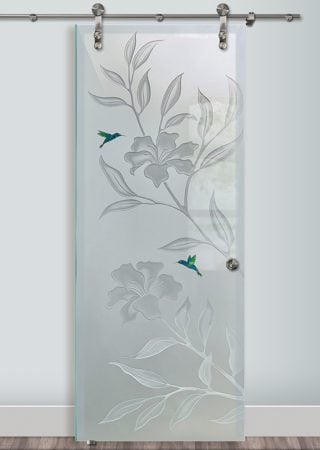 Glass Barn Door with a sandblast Frosted Glass Tropical Design Custom-Designed Decorative Etched Glass