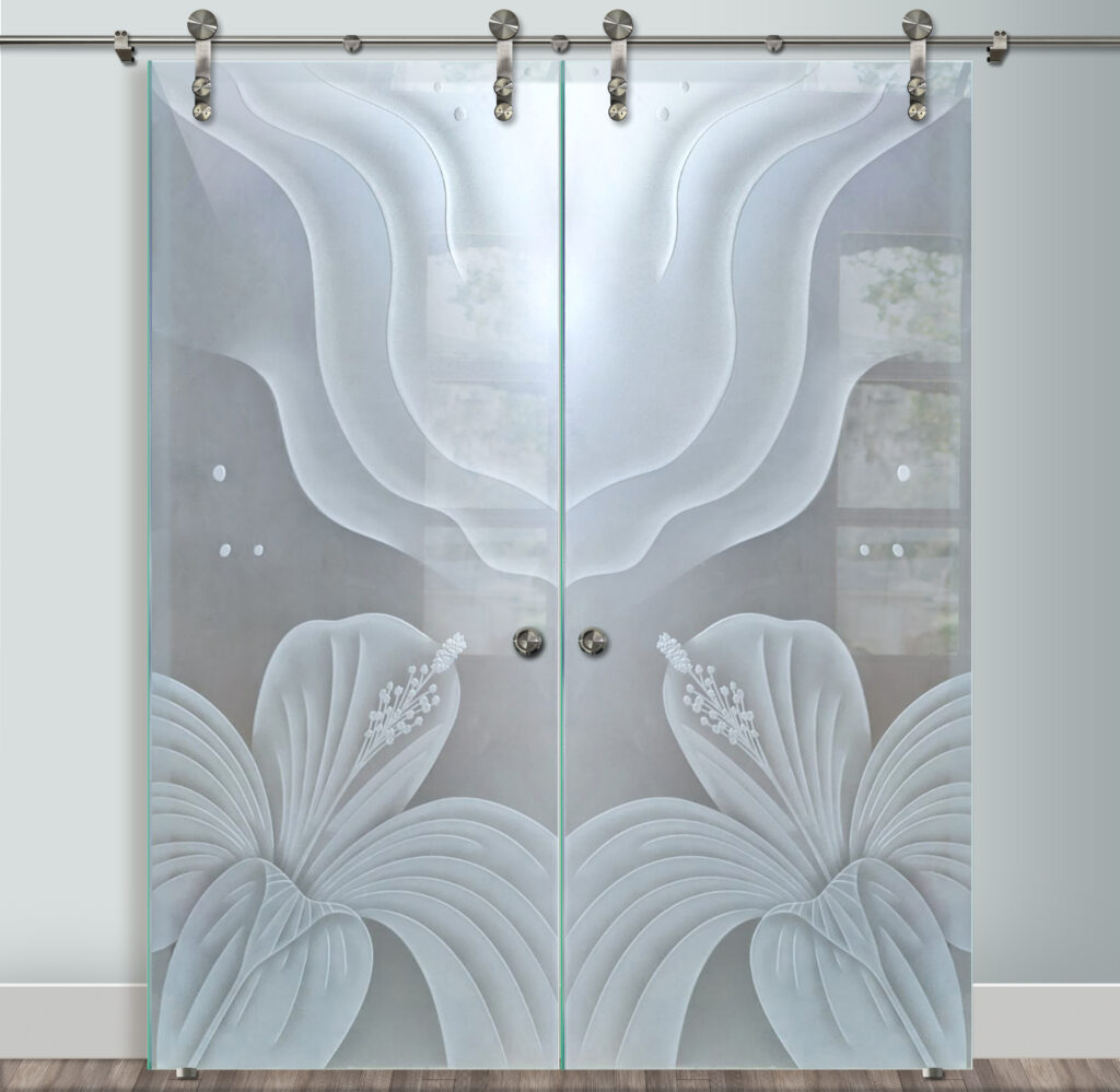 Double Barn Doors with Glass Hibiscus Ripples 3DE Private Sans Soucie Art Glass