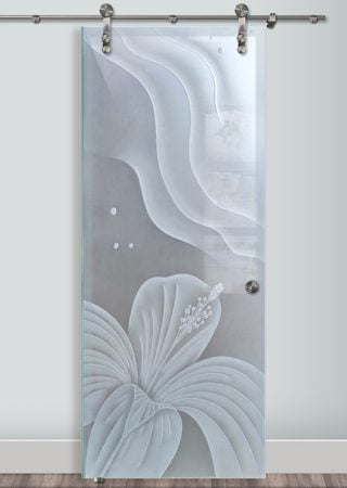 Glass Barn Door showcasing a Frosted Glass Tropical Design with Sandblast Etched Glass Art by Sans Soucie Hibiscus Ripples Design