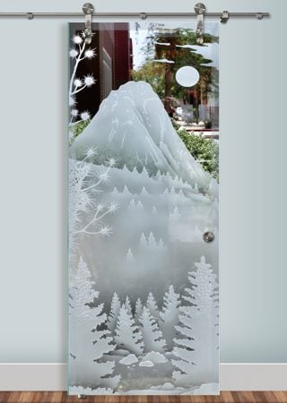 Glass Barn Door with Frosted Glass Landscapes Idyllwild Tahquitz Peak Design by Sans Soucie