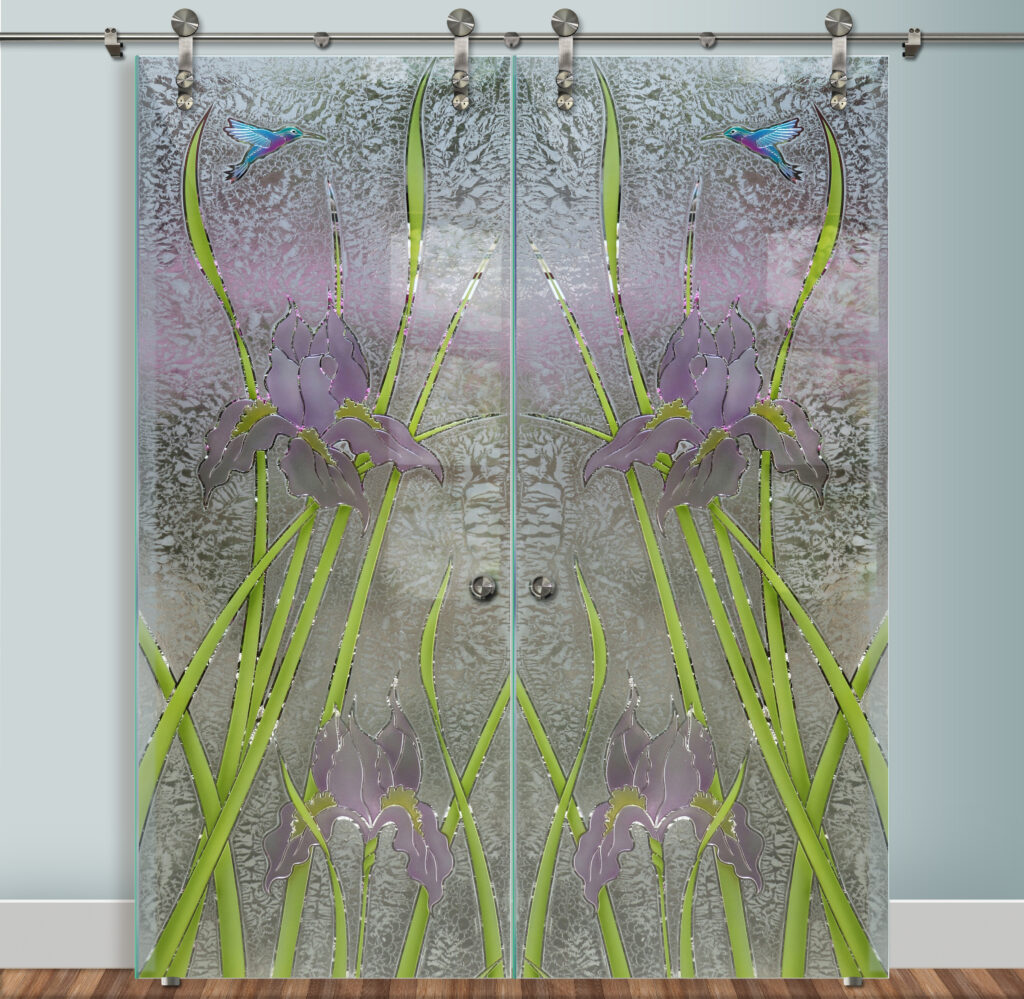Double Barn Doors with Glass Iris Hummingbird 3DE Gluechip Finish Semi-Private Sans Soucie Art Glass
