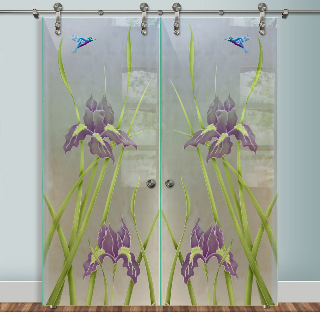 Iris Hummingbird Glass Barn Door Glass Effect  Private 3D Painted Frosted Glass Finish Farmhouse decor floral style Sans Soucie 