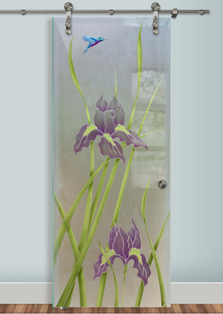 Frosted glass barn door with etched Iris Hummingbird design