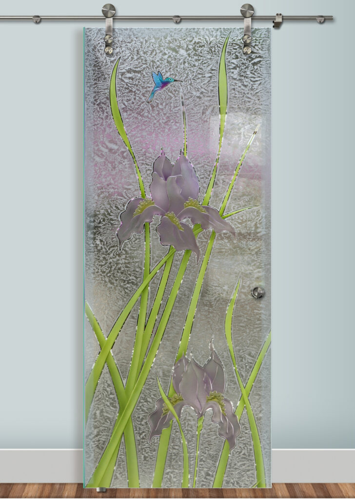 Interior sliding glass door beautiful design idea  Iris Hummingbird 3D carved shaded painted gluechip - Sans Soucie Art Glass