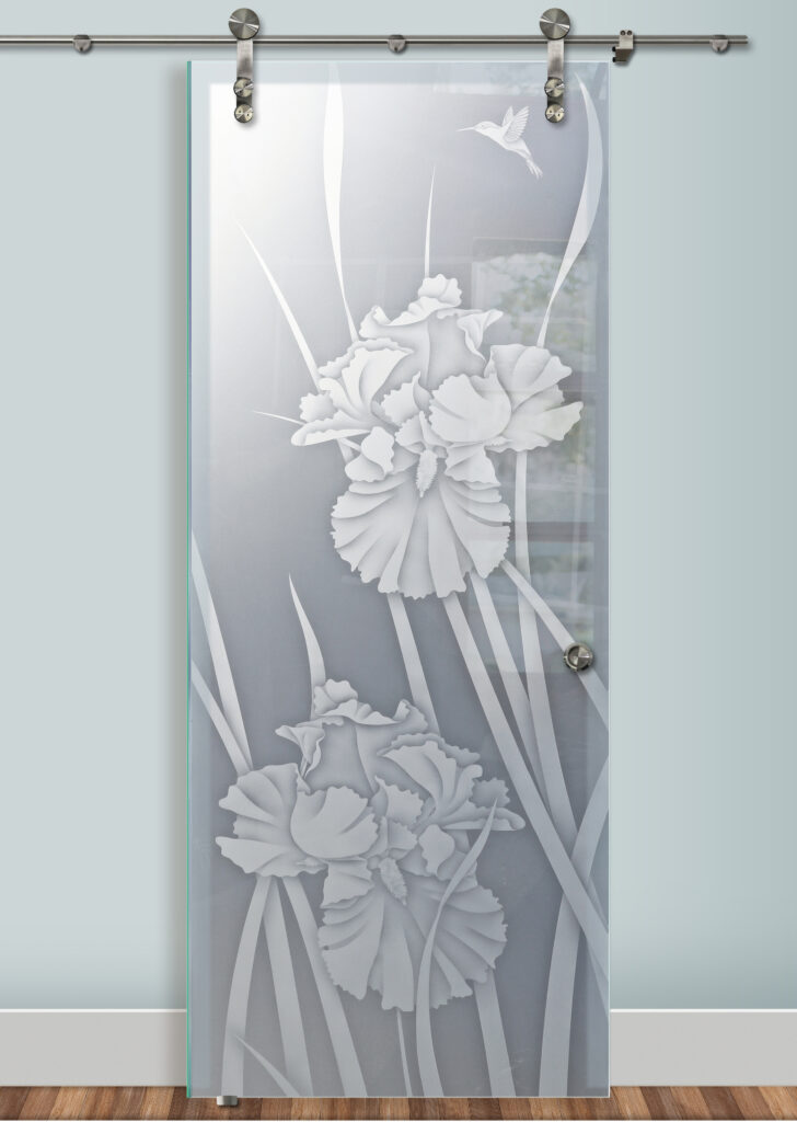 Iris Hummingbird II 2D private design barn door with glass - Sans Soucie Art Glass