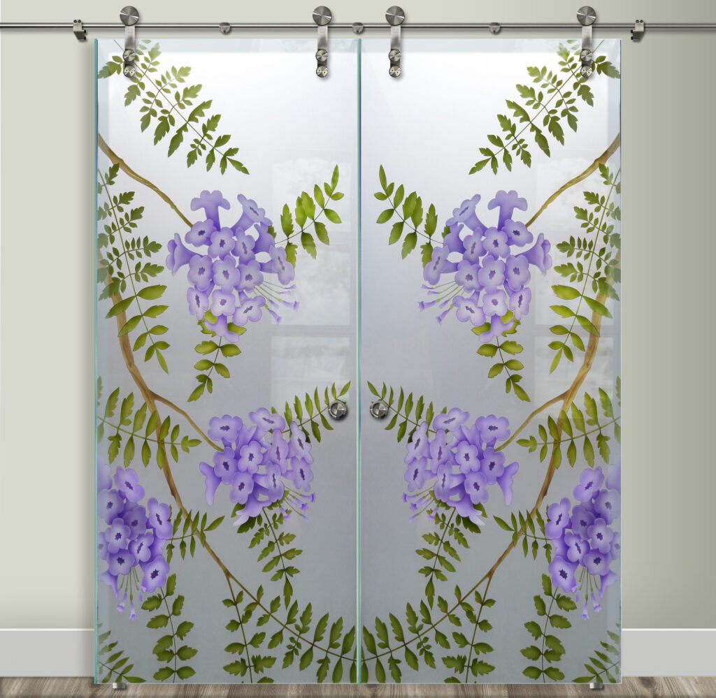Jacaranda Glass Barn Door Glass Effect  Private 3D Enhanced Painted Frosted Glass Finish Farmhouse Decor Floral Style Sans Soucie
