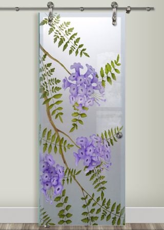 Glass Barn Door featuring Frosted Glass Design Etched Glass by Sans Soucie Art Glass with Custom Floral Design Jacaranda