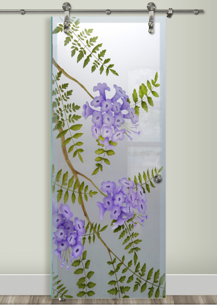 Jacaranda design sliding barn door with private frosted 3D enhanced artistry. Premium glass barn door crafted by skilled artisans.
