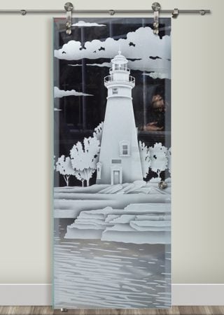 Glass Barn Door with Frosted Glass Oceanic Marblehead Lighthouse Design by Sans Soucie