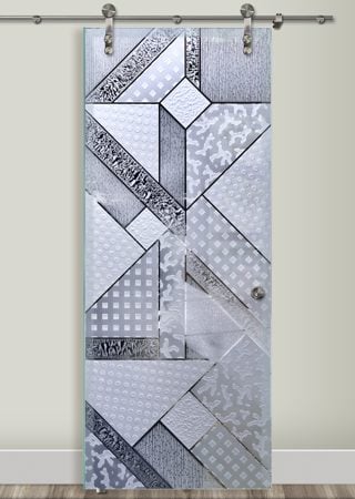 Glass Barn Door featuring Frosted Glass Design Etched Glass by Sans Soucie Art Glass with Custom Geometric Design Matrix