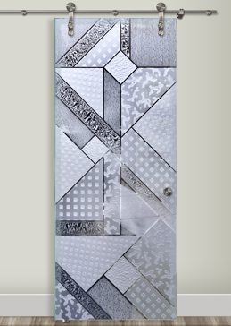 Handcrafted Etched Glass Glass Barn Door by Sans Soucie Art Glass with Custom Geometric Design Called Matrix Creating Semi-Private