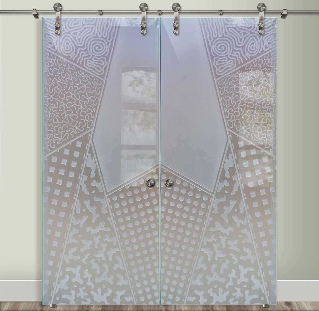 Tempered double glass barn doors with geometric design