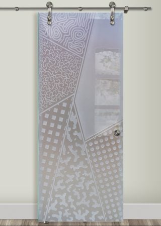 Glass Barn Door showcasing a Frosted Glass Geometric Design with Sandblast Etched Glass Art by Sans Soucie Matrix Angles Design