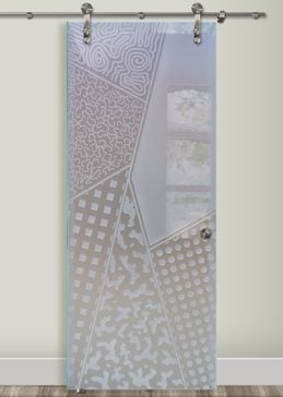 Not Private Glass Barn Door with Sandblast Etched Glass Art by Sans Soucie Featuring Matrix Angles Geometric Design