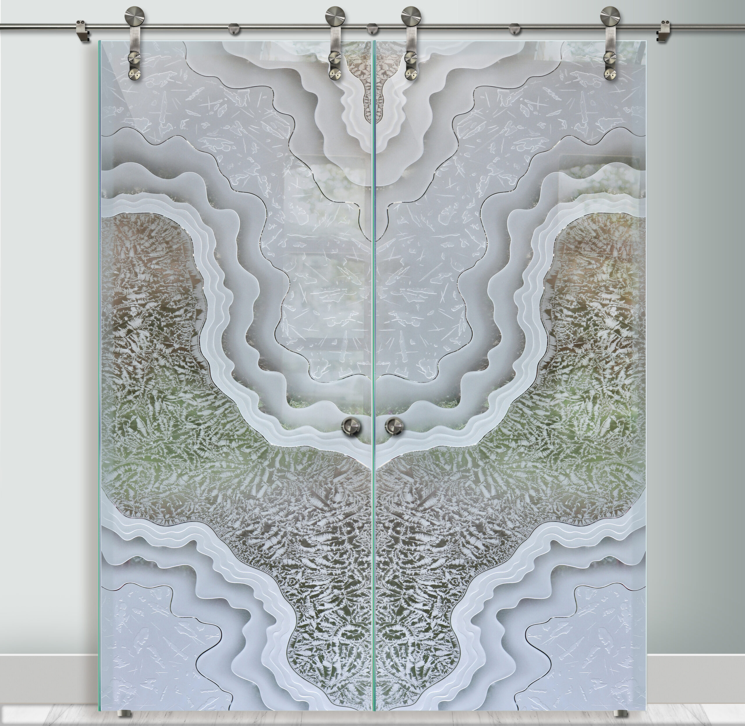 Best glass barn doors for master bathroom featuring a double door design with intricate layered gluechip glass and sculpted frosted edges for semi-private elegance.