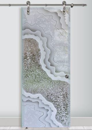 Glass Barn Door with a Frosted Glass Metamorphosis II Abstract Design for Semi-Private by Sans Soucie Art Glass