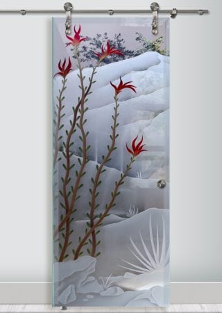 Glass Barn Door showcasing a Frosted Glass Desert Design with Sandblast Etched Glass Art by Sans Soucie Ocotillo Design