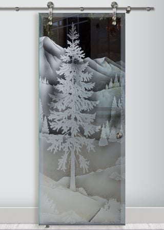Glass Barn Door featuring a Frosted Glass Tree Design Sandblast Etched Glass Oregon Clear Skies Design by Sans Soucie